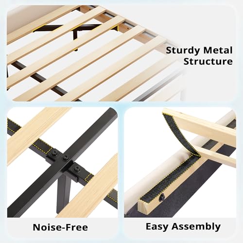 LIKIMIO Full Floating Bed Frame, Platform Bed Frame with Leather Upholstered Headboard, LED Light & Charging Station, Solid Wood Slats Support, No Box Spring Needed, Blue LIKIMIO