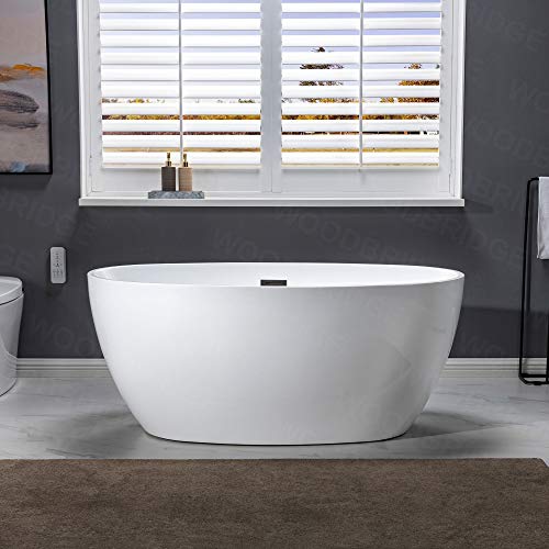 WOODBRIDGE 55" Acrylic Freestanding Bathtub Contemporary Soaking White Tub with Matte Black Overflow and Drain,B1418 -MB-Drain &O WOODBRIDGE