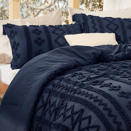 Bedsure Tufted Boho Comforter Set King Size - Navy Boho Bed Set, GentleSoft™ 3 Pieces Farmhouse Shabby Chic Embroidery Bedding, Gifts for Woman, Soft Jacquard King Comforter for All Seasons Bedsure