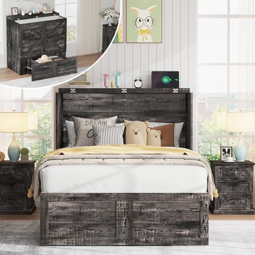 AMERLIFE Twin Murphy Bed Cabinet with Charging Station and Storage Drawer, Farmhouse Foldable Platform Bed for Home Office, Apartment, Small Spaces, Black Oak AMERLIFE