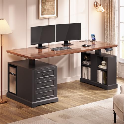 SEDETA Farmhouse Electric Standing Desk, 63" Height Adjustable Computer Desk with 3 Drawers, Storage Shelves, Power Outlets, Wood Home Office Stand up Desk for Work, Study, Writing, Black SEDETA