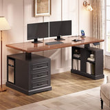 SEDETA Farmhouse Electric Standing Desk, 63" Height Adjustable Computer Desk with 3 Drawers, Storage Shelves, Power Outlets, Wood Home Office Stand up Desk for Work, Study, Writing, Black SEDETA