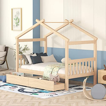 Merax Natural Twin Size Wooden House Bed with Two Storage Drawers for Kids and Teens - WoodArtSupply