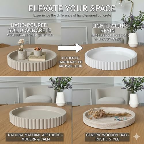 Wageso 13" Round Solid Concrete Decorative Tray - Heavy Duty Fluted Centerpiece for Coffee Table, Serving, Patio, Home Office & Entryway - Modern Home Decor Trays(Gray) Wageso