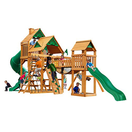 Gorilla Playsets 01-1021-AP Treasure Trove I Wood Swing Set with Wood Roof, Clatter Bridge, and Rock Wall, Amber Gorilla Playsets