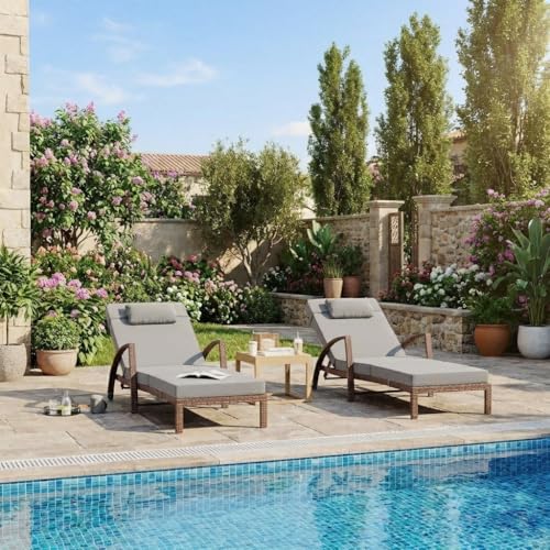 Garvee Outdoor Chaise Lounge Set of 2, 5-Position Adjustable PE Wicker Reclining Chairs with Wheels & 3.5" Cushions, 400 lbs Capacity All-Weather Patio Furniture for Poolside, Garden, Beach(Gray)