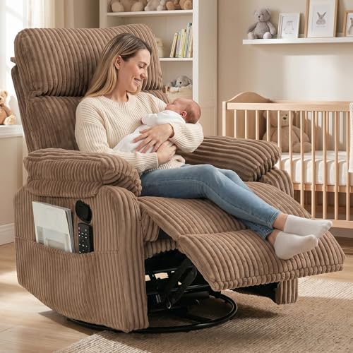 Manual Small Recliner Rocking Chair for Nursery/Relaxation, Corduroy Swivel Glider Recliner for Living Room Bedroom, Brown Rocking Chair Nursery Recliners for Small Spaces, Side Pockets (Brown)