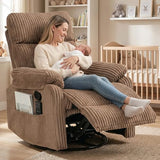 Manual Small Recliner Rocking Chair for Nursery/Relaxation, Corduroy Swivel Glider Recliner for Living Room Bedroom, Brown Rocking Chair Nursery Recliners for Small Spaces, Side Pockets (Brown)