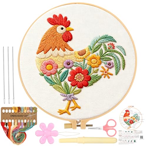 ElevateTech Funny Animal Embroidery Kits for Beginners Adults Cross Stitch Kits with Rooster and Flower Pattern DIY Needlepoint Starter Kit with Embroidery Cloth Hoops Threads for Craft Lover