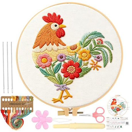 ElevateTech Funny Animal Embroidery Kits for Beginners Adults Cross Stitch Kits with Rooster and Flower Pattern DIY Needlepoint Starter Kit with Embroidery Cloth Hoops Threads for Craft Lover ElevateTech