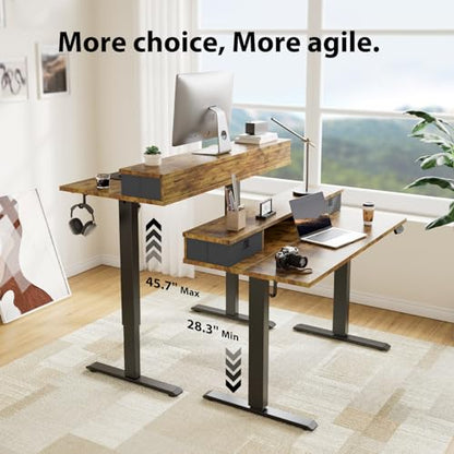 Agilestic 55 x 24 Inches Height Adjustable Electric Standing Desk with 2 Drawers, Stand Up Electric Desk Adjustable Height, Sit Stand Computer Gaming Table with Splice Board, Rustic Brown