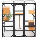 Outdoor Cat Catio Enclosures Large Pine Wood Cat House Patio for Feral Cat Shelter with 2 Enter Doors, 2 Resting Rooms, 3 Platforms, 68.5" H (Black Brown) Caviresta