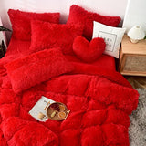 MorroMorn 5 PCS Shaggy Duvet Cover Bedding Set - Long Faux Fur Luxury Ultra Soft (Red, Full/Queen) MorroMorn