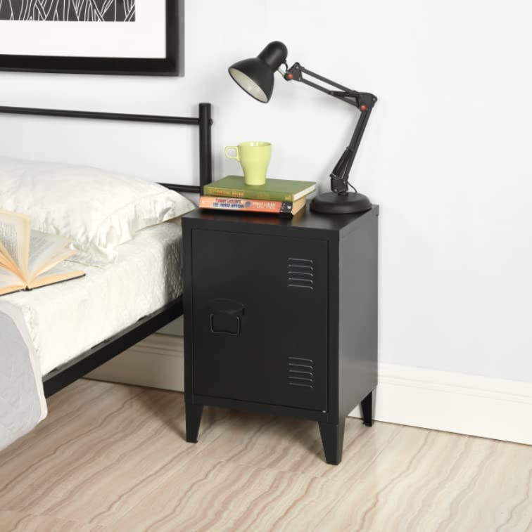 FurnitureR Industrial Metal Storage Cabinet Nightstand End Table Bedside Coffee Table,1 Door with Removable Shelf,Size:15.9'' x 12'' x 22.6'' (Black) - WoodArtSupply