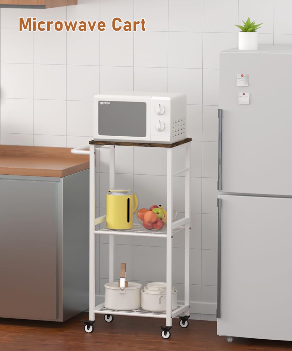Sungaryard 3-Tier Rolling Kitchen Cart Microwave Stand on Wheel, Movable Coffee Bar Cart with Metal Handle, Bakers Rack with 8 Hooks Utility Cart for Living Room, Bedroom, Bathroom, Office, White Sungaryard