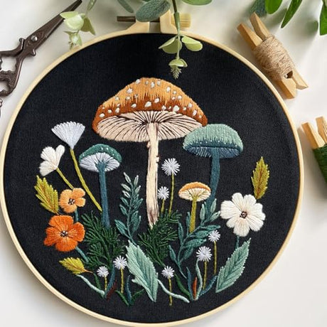 Myfelicity Embroidery Kit with Mushroom Patterns, 3 Hoops, Fabric, Threads, Needles, Instructions (Colorful) Myfelicity