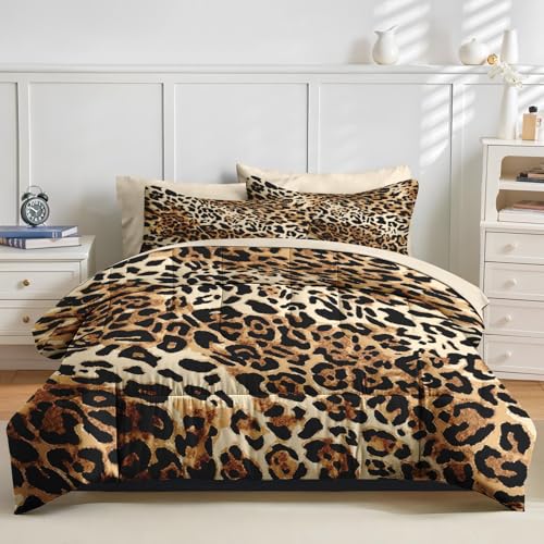 Nesker Comforter Set Queen Size, Cheetah Leopard Print Animal 7 Pcs Bedding for Kids and Adults, Wild Safari Skin Pattern Bed Sheet Sets with Fitted Sheet 2 Pillowcases & 2 Shams Nesker