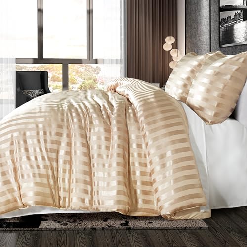 Whale Flotilla 3-Piece Reversible Silky Soft Queen Comforter Set, Luxury Stripe Satin Comforters Full Size Bedding Set with 2 Satin Pillowcases, Lightweight Duvet for All Seasons, Champagne Whale Flotilla