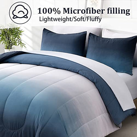 Anibedding Blue Comforter Set Queen - 7 Pieces Ombre Blue White Microfiber Bedding Set - All Season Down Alternative Light Ocean Sea Abstract Bed in a Bag for All Season (90" x90") Anibedding