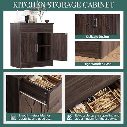 Shintenchi Farmhouse Storage Cabinets with doors and shelves,kitchen Barn Door storage cabinet with drawers,Coffee Bar Cabinet Buffest Sideboard for Dining Living Room,Bathroom,Entryway,Dark Brown Shintenchi