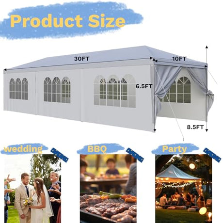 10'x30' Heavy Duty Party Tent - Waterproof Wedding Canopy with Removable Sidewalls, Event Gazebo Shelter for Outdoor Gatherings (White) Flamaker