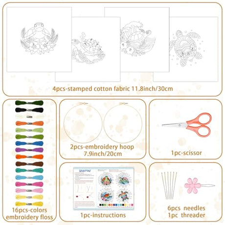 BEUNITONE 4 Sets Sea Turtle Embroidery Kits for Beginners DIY Craft Kits for Adults with Printed Patterns, Hoops and Instructions, Hibiscus Flower Needlepoint Kits for Clothing and Home Decor BEUNITONE