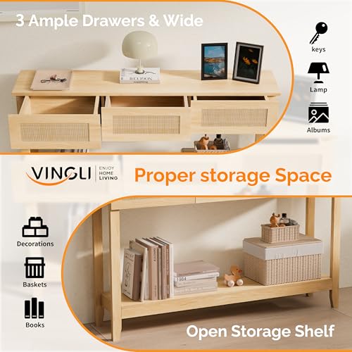 VINGLI 51" Console Table with Drawers, Rattan Entryway Table with Storage Shelf, Narrow Sofa Table, Boho Hallway Table for Living Room, Entrance, Foyer, Behind Couch, Natural Rattan VINGLI