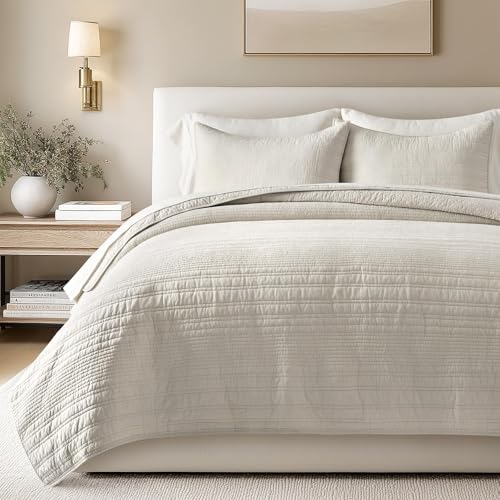 EVERGRACEHOME 100% Cotton Modern Lines Quilt Set King Size, Pre-Washed Soft Striped Coverlet Bedspread, 3 Piece Lightweight Bedding Set for All Season, with 2 Pillow Shams, Birch EVERGRACEHOME