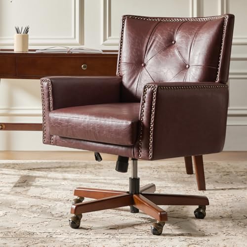 HULALA HOME Faux Leather Home Office Chair with Tilt Mechanism and Reclining Backrest, 360 ° Swivel Desk Chair with Metal Base, Button Tufted Computer Task Chair, Height Adjustable, Brown HULALA HOME