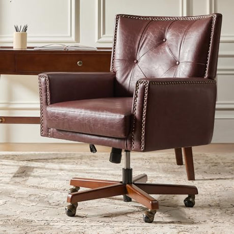 HULALA HOME Faux Leather Home Office Chair with Tilt Mechanism and Reclining Backrest, 360 ° Swivel Desk Chair with Metal Base, Button Tufted Computer Task Chair, Height Adjustable, Brown HULALA HOME