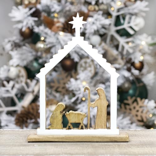 AuldHome Wood Enamel Nativity Scene, Rustic Mango Wood w/Enamel Christmas Decor Statue