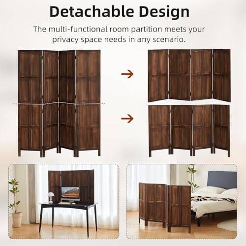 Asnefeli Wood 4 Panel Room Divider, 5.6Ft Detachable Folding Privacy Screen for Room Separation, 33.5" 2in1 Removable Short Wall Divider Screen for Home Office, Bedroom, Dog Gate for Isolate Dog-Brown Asnefeli