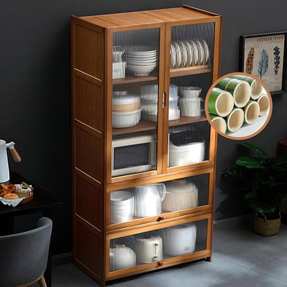 70" Tall Kitchen Pantry Storage Cabinet, Bamboo Farmhouse Pantry Cabinet with Acrylic Doors and 2 Drawers, 5 Tier Bathroom Storage Cabinet, Freestanding Kitchen Bake Rack Cupboard for Dining Room