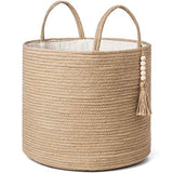 Mkono Woven Storage Basket Decorative Natural Rope Basket Wooden Bead Decoration for Blankets,Toys,Clothes,Shoes,Plant Organizer Bin with Handles Living Room Home Decor, Jute, 16" W × 13.8"L Mkono