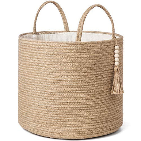 Mkono Woven Storage Basket Decorative Natural Rope Basket Wooden Bead Decoration for Blankets,Toys,Clothes,Shoes,Plant Organizer Bin with Handles Living Room Home Decor, Jute, 16" W × 13.8"L Mkono
