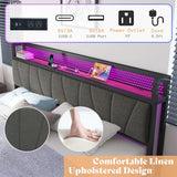 AMERLIFE King Size Lift Up Bed Frame with Linen Upholstered & LED Light & Storage Headboard, Platform Bed Frame with Charging Station, No Box Spring Needed, Noisy Free, Rustic Brown AMERLIFE