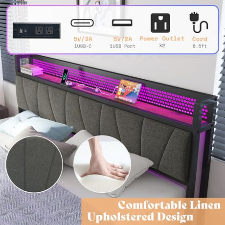 AMERLIFE King Size Lift Up Bed Frame with Linen Upholstered & LED Light & Storage Headboard, Platform Bed Frame with Charging Station, No Box Spring Needed, Noisy Free, Rustic Brown AMERLIFE