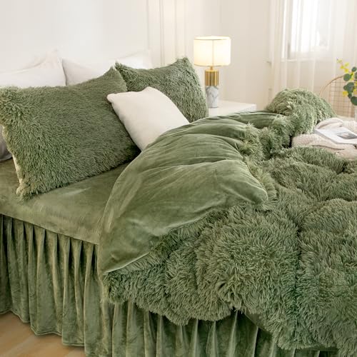 Andency Faux Fur Sage Green Comforter Set Queen Size, 3 Pieces Fluffy Fuzzy Plush Bedding Comforter Set (1 Shaggy Velvet Comforter & 2 Pillowcases), Soft Puffy Comfy Down Comforter Bedding Set