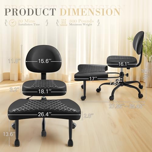 Furmax Ergonomic Criss Cross Legged Office Chair with Wheels, 360°Swivel Adjustable Height Kneeling Desk Chair with Footrest for ADHD, Yoga, Meditation, Home Office (Leather, Black) Furmax