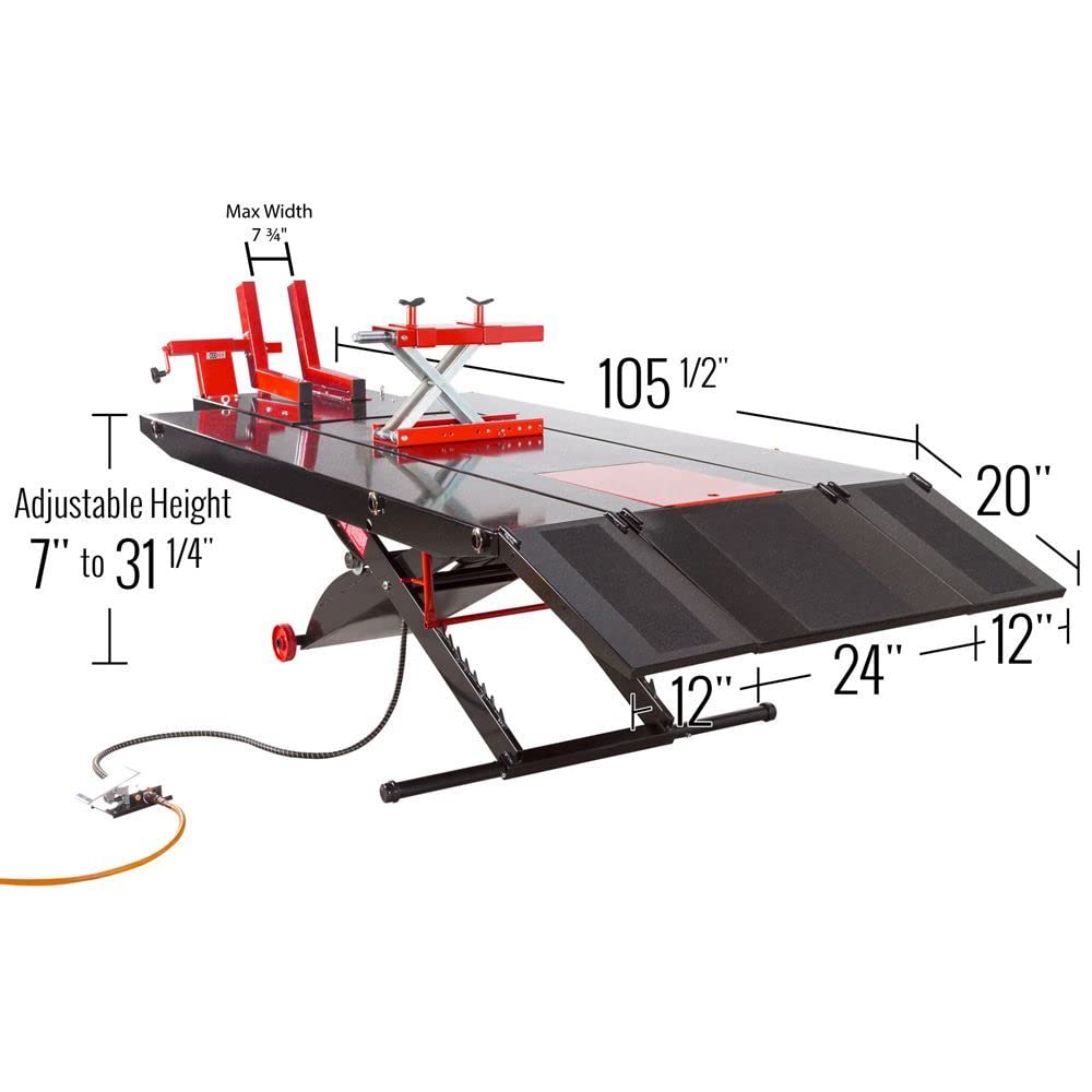 Black Widow Extra-Wide Pneumatic ProLift Motorcycle Scissor Lift Table 1,500 lb. Maximum Capacity with 31.25" Maximum Lift Height Black Widow