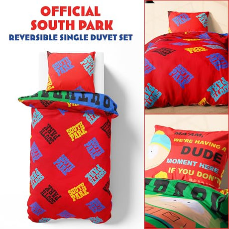 South Park Reversible Duvet Cover & Pillowcase Set for Teens, Men, Single or Double Bed Set, Bedding Decor, Gifts for Him (Multi Single) South Park