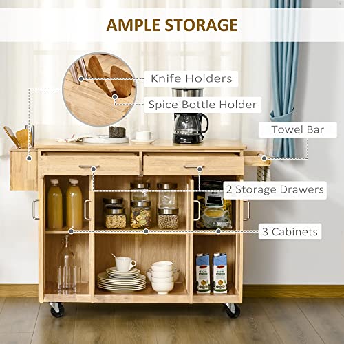 HOMCOM Kitchen Island on Wheels, Natural Hardwood Kitchen Cart with Drawers, Storage Cabinets, and Tool Caddy, Microwave Cart for Dining Room, 54 Inches Wide HOMCOM