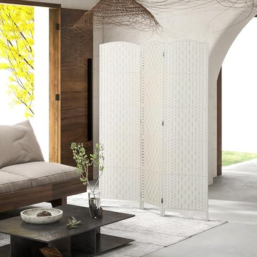 HOMCOM Room Divider, 3 Panel Folding Privacy Screen, 6FT Tall Portable Wicker Weave Partition Wall Divider for Bedroom, Home Office, White HOMCOM