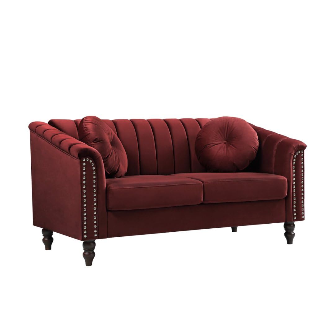 UOCFYK 60" Loveseat Sofa, Microfiber Chesterfield Upholstered Sofas Love Seat, Couch Chair Sets with Style Button Tufted, Scroll Arms and Nailhead for Living Room, Office, Apartment-Red UOCFYK