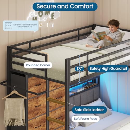 Twin Over Twin Bunk Bed with 8 Storage Drawers, Upholstered Storage Headboard, Charging Station and LED Lights, Heavy-Duty Metal Bunk Bed with Safety Guardrail & Ladder, Twin Bunk Beds for Kids, Teens mojiasion