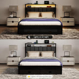 Aelawe Full Bed Frames with Storage Drawer, Platform Bed with Charging Station and LED Lights, Upholstered Headboard with 2-Tier Storage Shelves, No Box Spring Needed Aelawe