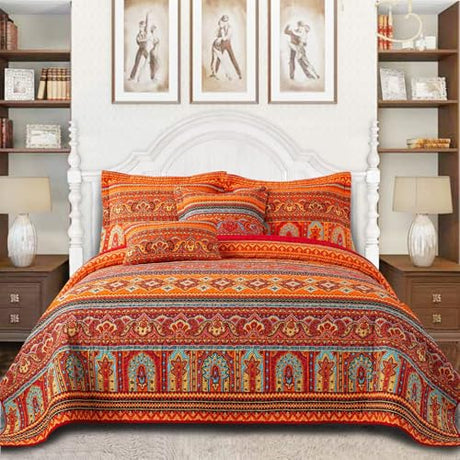 VAPUTAR Cotton Quilt King Size Bedding Set - 3 Pieces King Quilt Bedding Set, Boho King Size Quilts, Lightweight Reversible Coverlets Bedspreads for Farmhouse Bedroom (Red/Orange) VAPUTAR