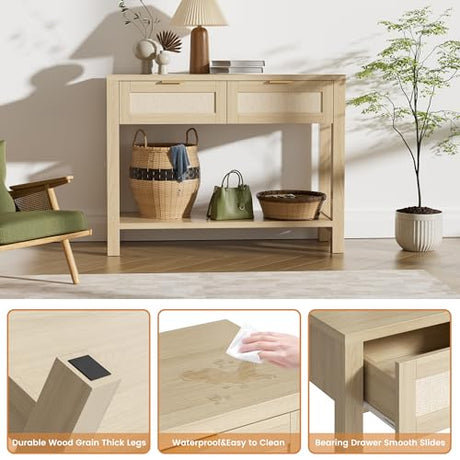YUUIJOAA Boho Chic Console Table with 2 Rattan Drawers and Open Shelf Storage, Narrow Farmhouse Sofa Table for Small Space Entryway, Living Room,Hallway,Natural YUUIJOAA