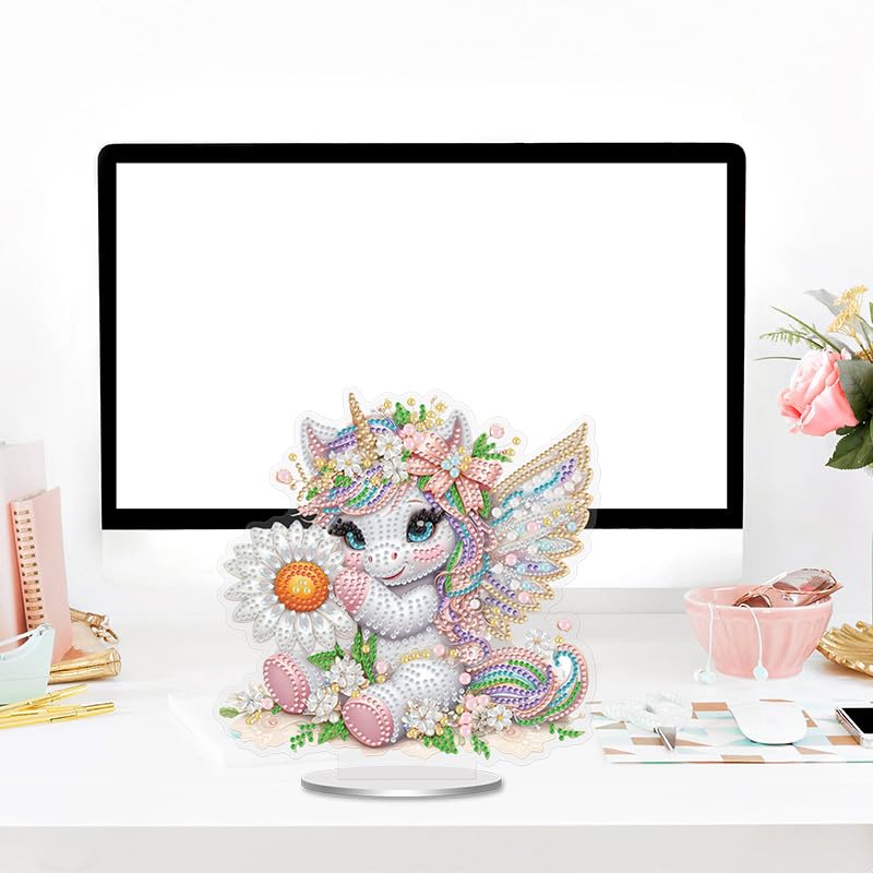 Cute Unicorn and Daisy Diamond Painting Desktop Ornament Kit, 5D DIY Acrylic Crystal Special Shaped Tabletop Kawaii Diamond Art Home Decor for Adult (ZS10) Generic