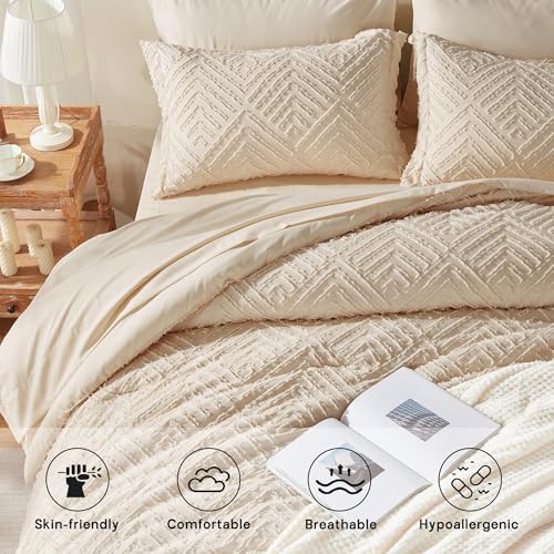 Zzlpp Full Comforter Set 7 Pieces, Beige Tufted Bed in a Bag with Comforter and Sheets, All Season Boho Bedding Sets with 1 Comforter, 2 Pillow Shams, 2 Pillowcases, 1 Flat Sheet, 1 Fitted Sheet Zzlpp